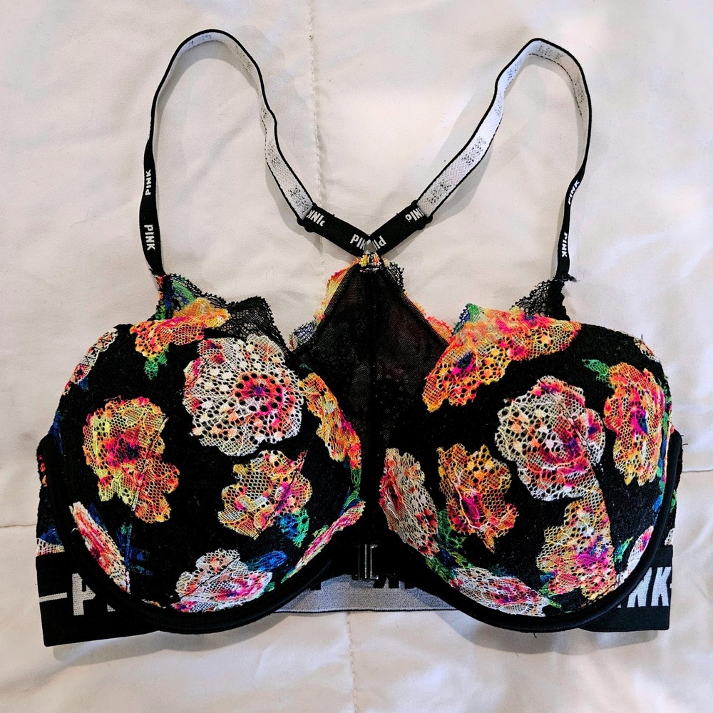 Victoria's Secret PINK Date Push-Up Bra 32D Black Floral Lace‎ Racerback Logo